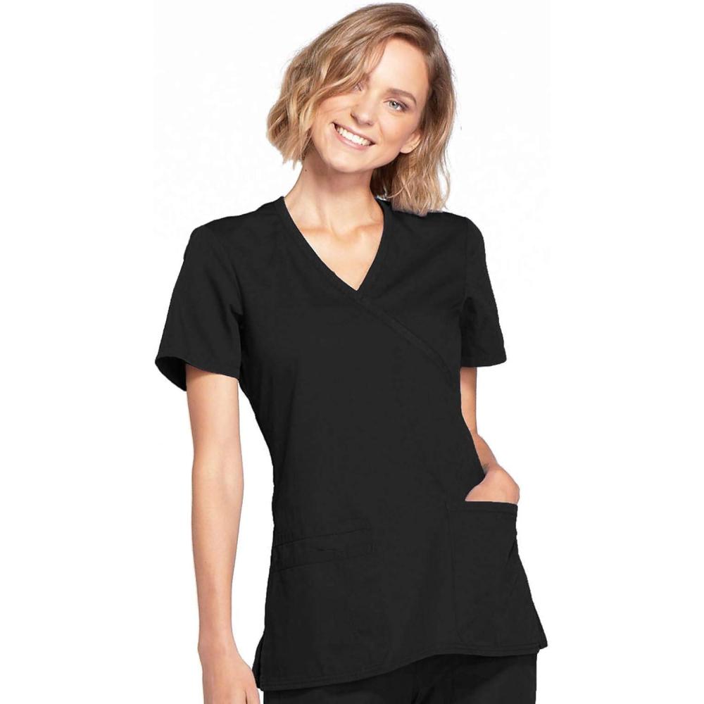 imageCherokee Scrubs for Women Mock Wrap Nursing Scrub Top with 3 Pockets Side Vent amp Stretch Back Panels Medical Uniform WW650Black