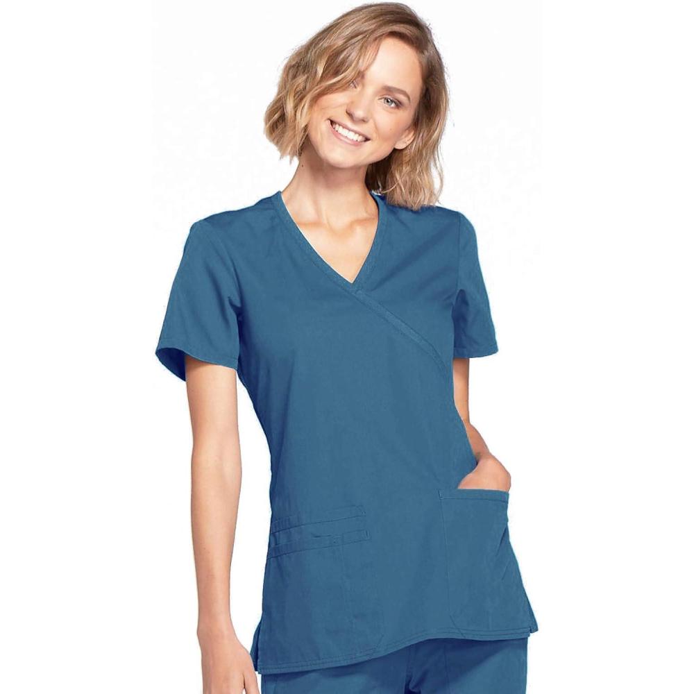 imageCherokee Scrubs for Women Mock Wrap Nursing Scrub Top with 3 Pockets Side Vent amp Stretch Back Panels Medical Uniform WW650Caribbean Blue