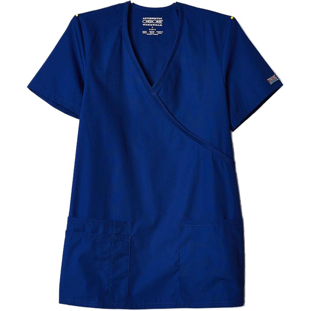 imageCherokee Scrubs for Women Mock Wrap Nursing Scrub Top with 3 Pockets Side Vent amp Stretch Back Panels Medical Uniform WW650Galaxy Blue