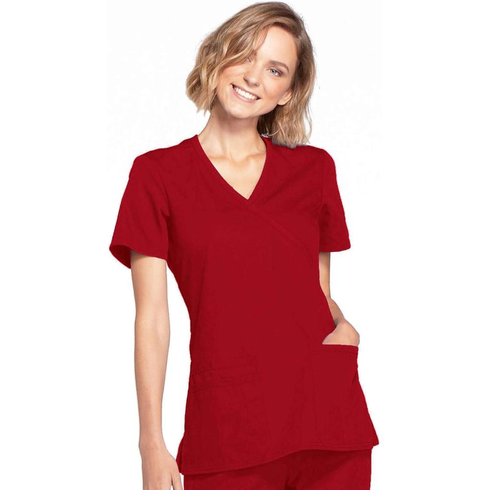 imageCherokee Scrubs for Women Mock Wrap Nursing Scrub Top with 3 Pockets Side Vent amp Stretch Back Panels Medical Uniform WW650Red
