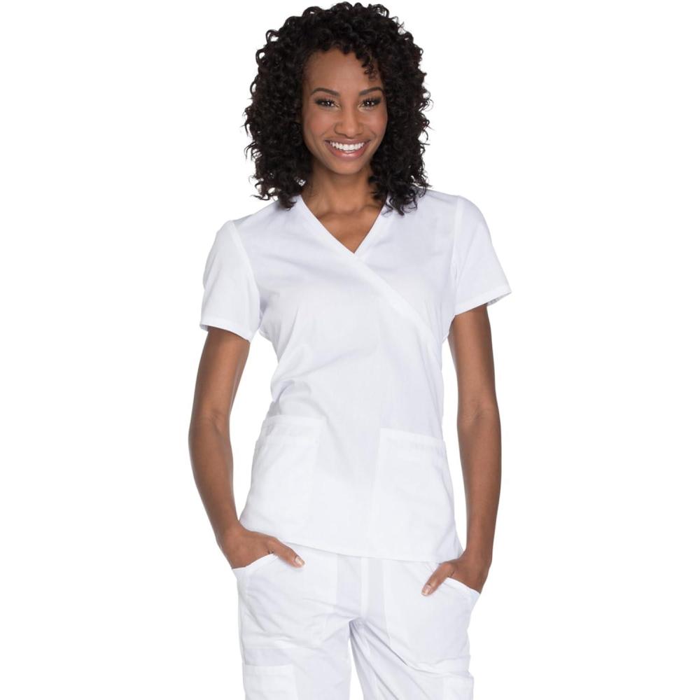 imageCherokee Scrubs for Women Mock Wrap Nursing Scrub Top with 3 Pockets Side Vent amp Stretch Back Panels Medical Uniform WW650White