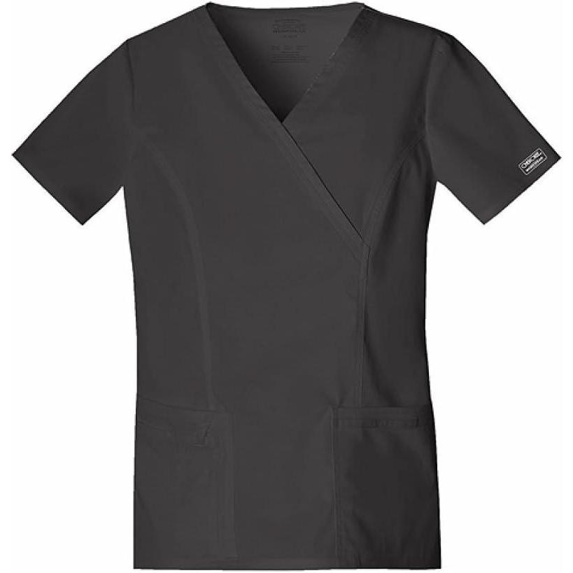 imageCherokee Scrubs for Women Mock Wrap Nursing Scrub Top with 3 Pockets Side Vents Ultra Soft 2Way Stretch Fabric 4728Black
