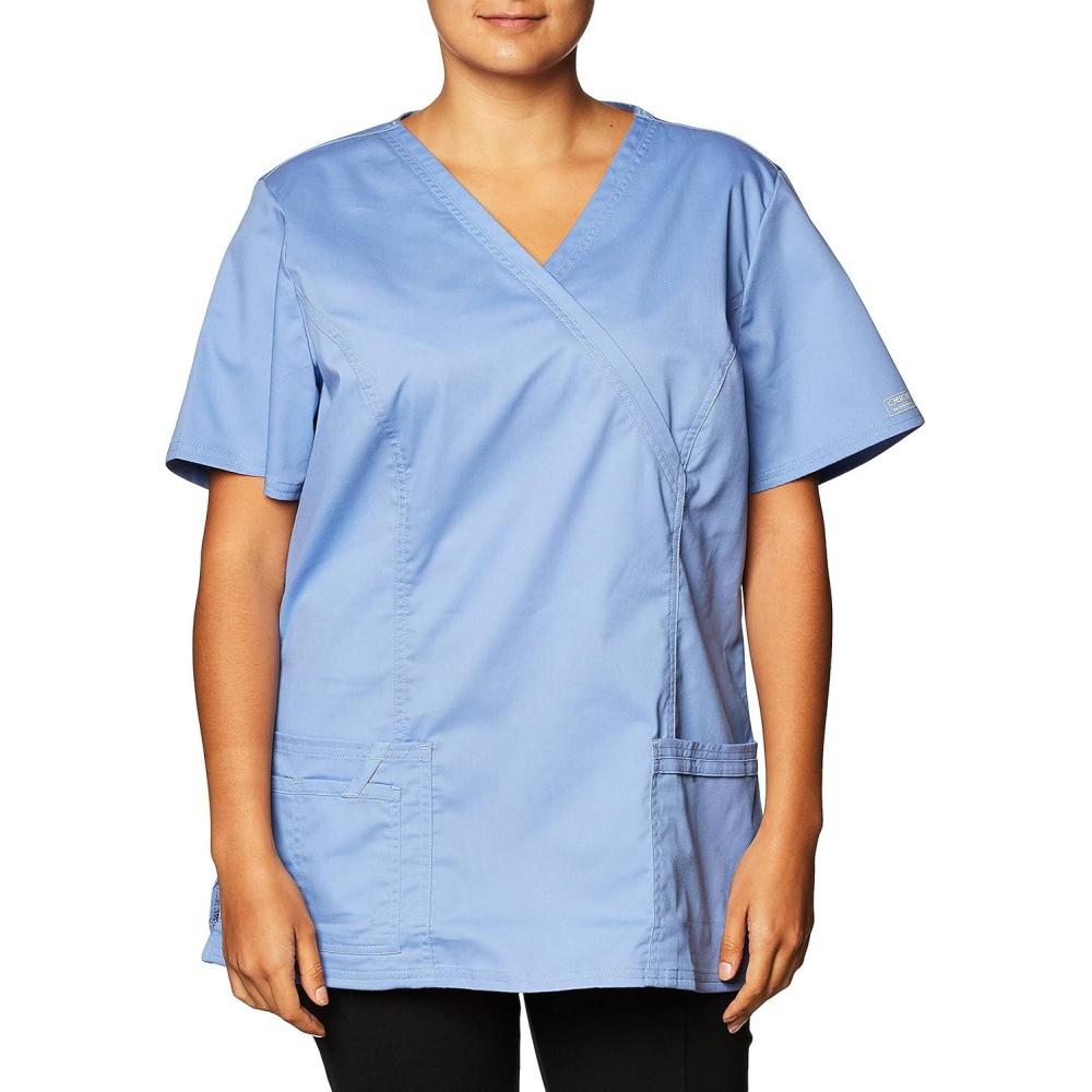 imageCherokee Scrubs for Women Mock Wrap Nursing Scrub Top with 3 Pockets Side Vents Ultra Soft 2Way Stretch Fabric 4728Ciel