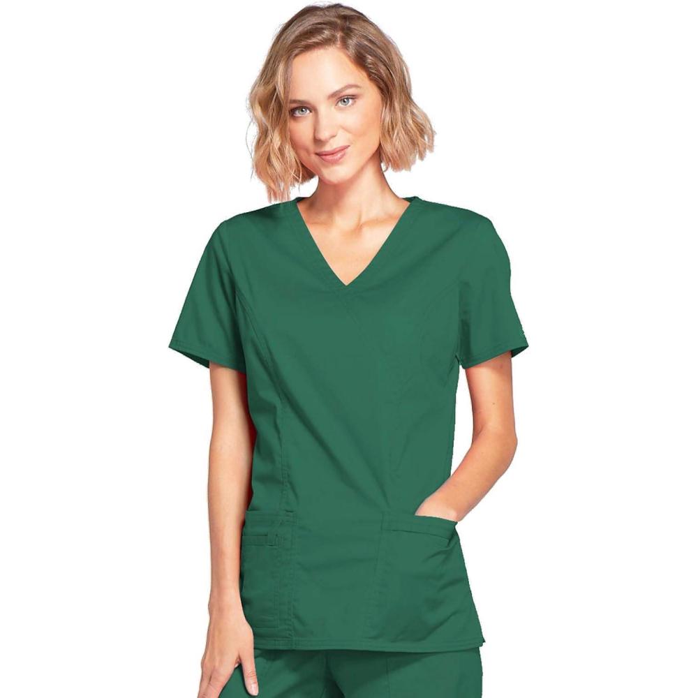 imageCherokee Scrubs for Women Mock Wrap Nursing Scrub Top with 3 Pockets Side Vents Ultra Soft 2Way Stretch Fabric 4728Hunter