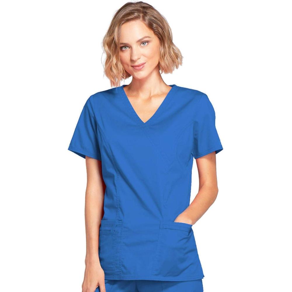 imageCherokee Scrubs for Women Mock Wrap Nursing Scrub Top with 3 Pockets Side Vents Ultra Soft 2Way Stretch Fabric 4728Royal