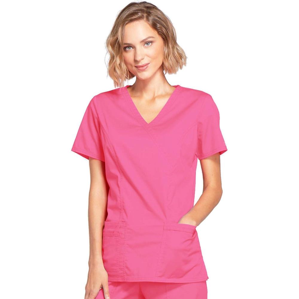 imageCherokee Scrubs for Women Mock Wrap Nursing Scrub Top with 3 Pockets Side Vents Ultra Soft 2Way Stretch Fabric 4728Shocking Pink