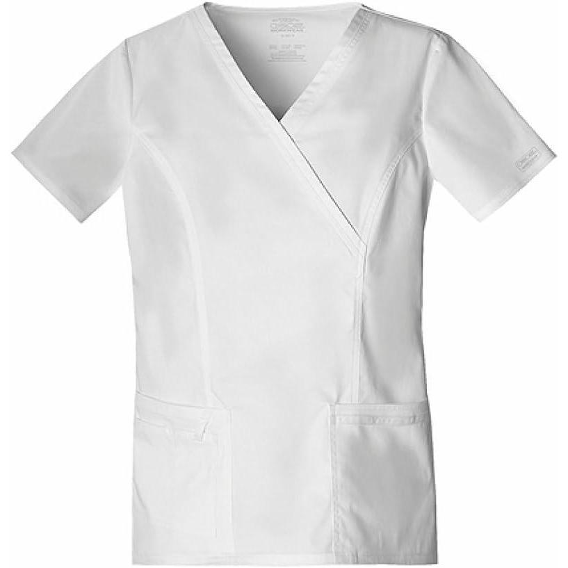 imageCherokee Scrubs for Women Mock Wrap Nursing Scrub Top with 3 Pockets Side Vents Ultra Soft 2Way Stretch Fabric 4728White