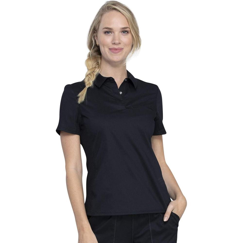 imageCherokee Scrubs for Women Polo Top Snap Front Tuckable Scrub Shirt with Chest Pocket Mesh Panels Stretch Easy Care WW698Black