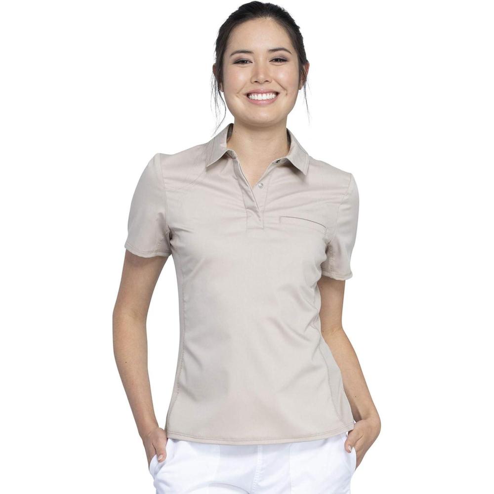 imageCherokee Scrubs for Women Polo Top Snap Front Tuckable Scrub Shirt with Chest Pocket Mesh Panels Stretch Easy Care WW698Khaki