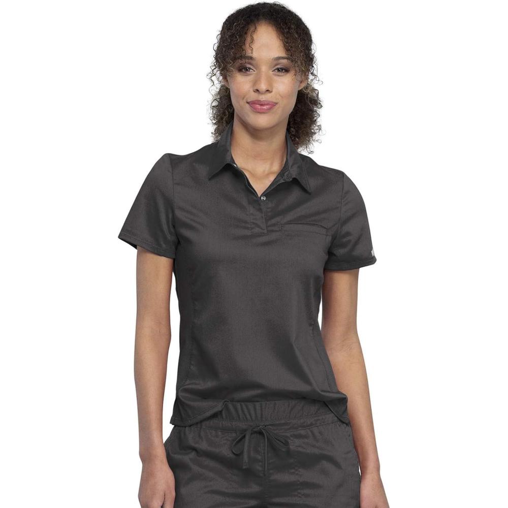 imageCherokee Scrubs for Women Polo Top Snap Front Tuckable Scrub Shirt with Chest Pocket Mesh Panels Stretch Easy Care WW698Pewter