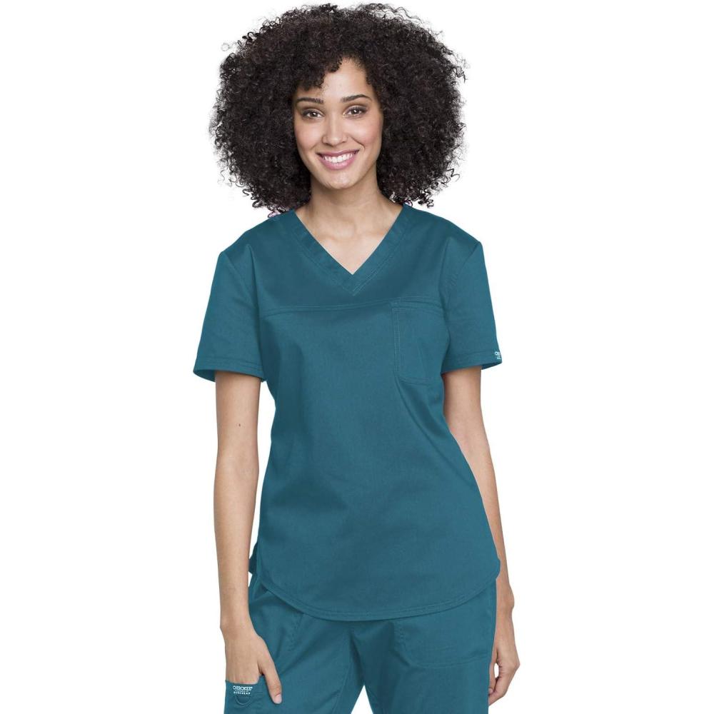 imageCherokee Scrubs for Women Tuckable VNeck OR Scrub Top with Chest PocketSoft StretchEasy Care Medical Uniform WW657Caribbean Blue