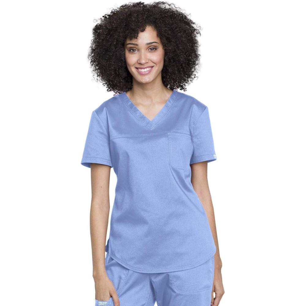 imageCherokee Scrubs for Women Tuckable VNeck OR Scrub Top with Chest PocketSoft StretchEasy Care Medical Uniform WW657Ciel