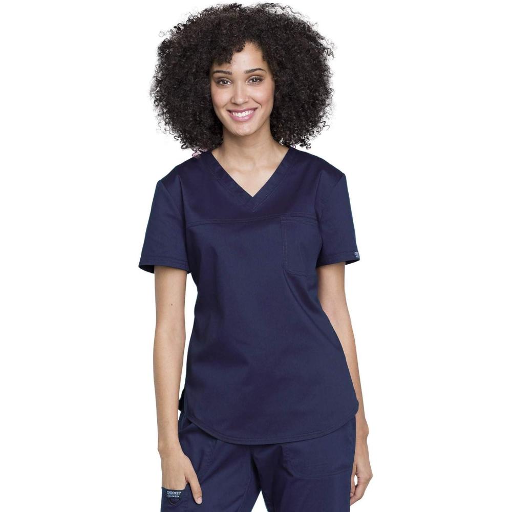 imageCherokee Scrubs for Women Tuckable VNeck OR Scrub Top with Chest PocketSoft StretchEasy Care Medical Uniform WW657Navy