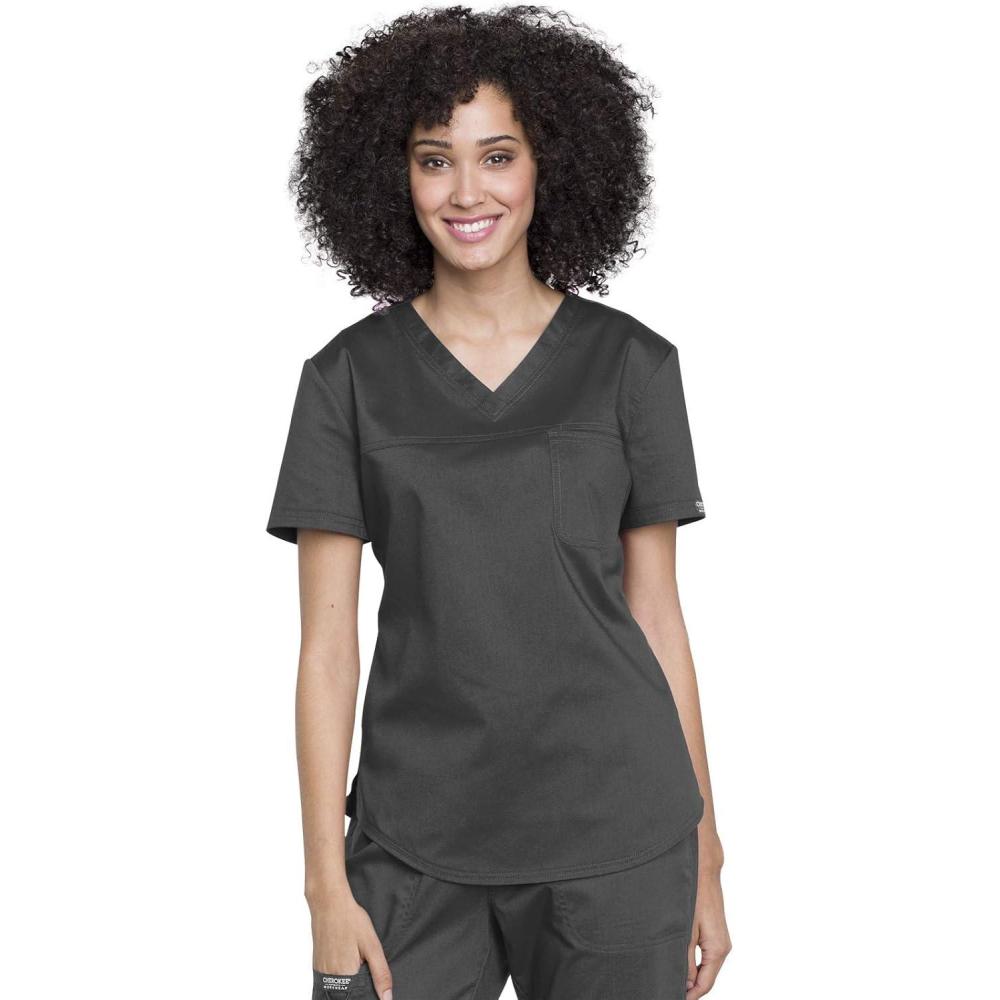 imageCherokee Scrubs for Women Tuckable VNeck OR Scrub Top with Chest PocketSoft StretchEasy Care Medical Uniform WW657Pewter