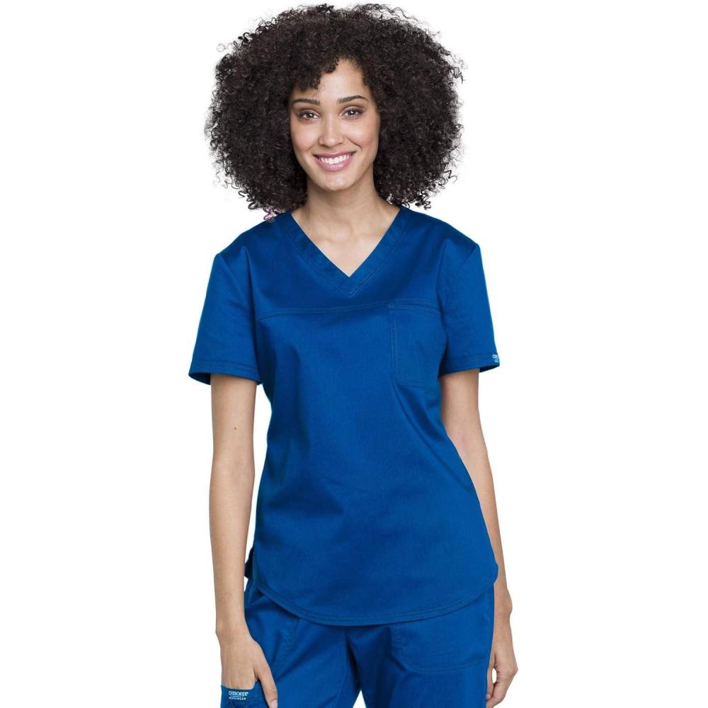 imageCherokee Scrubs for Women Tuckable VNeck OR Scrub Top with Chest PocketSoft StretchEasy Care Medical Uniform WW657Royal