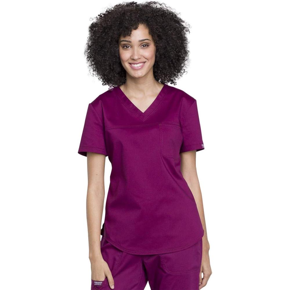 imageCherokee Scrubs for Women Tuckable VNeck OR Scrub Top with Chest PocketSoft StretchEasy Care Medical Uniform WW657Wine