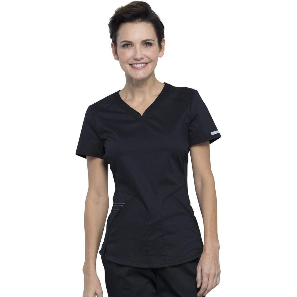 imageCherokee Scrubs for Women VNeck Scrub Top with 2 PocketsMesh Panels Soft Stretch Durable Easy Care Nursing Uniform WW601Black