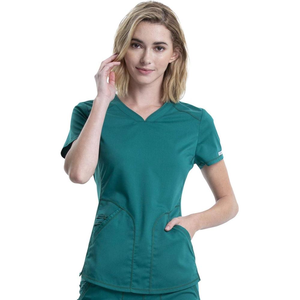 imageCherokee Scrubs for Women VNeck Scrub Top with 2 PocketsMesh Panels Soft Stretch Durable Easy Care Nursing Uniform WW601Hunter Green