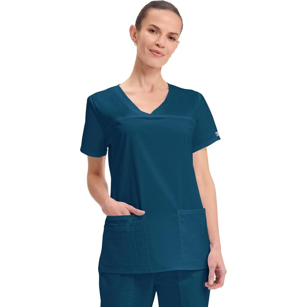 imageCherokee Scrubs for Women VNeck Scrub Top with 3 Pockets Stretchy Durable Breathable Easy Care Medical Uniform 4727Caribbean Blue