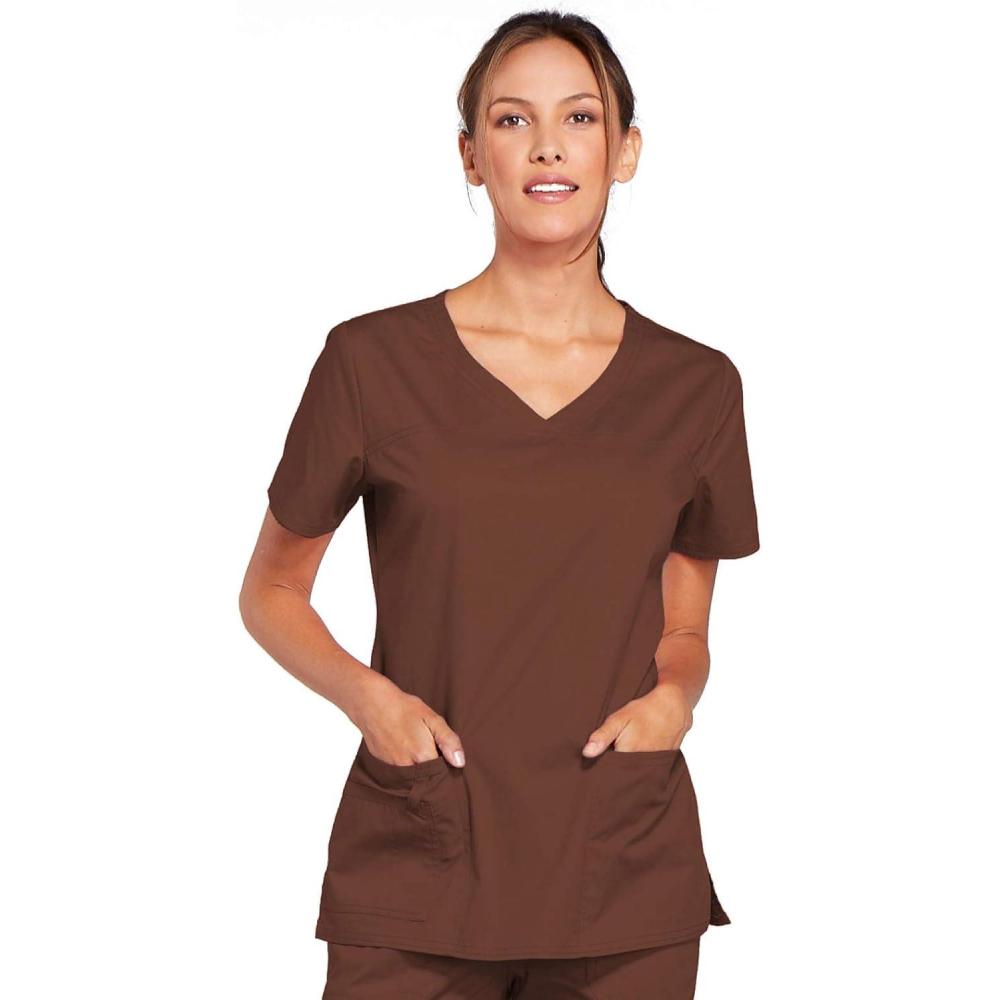 imageCherokee Scrubs for Women VNeck Scrub Top with 3 Pockets Stretchy Durable Breathable Easy Care Medical Uniform 4727Chocolate