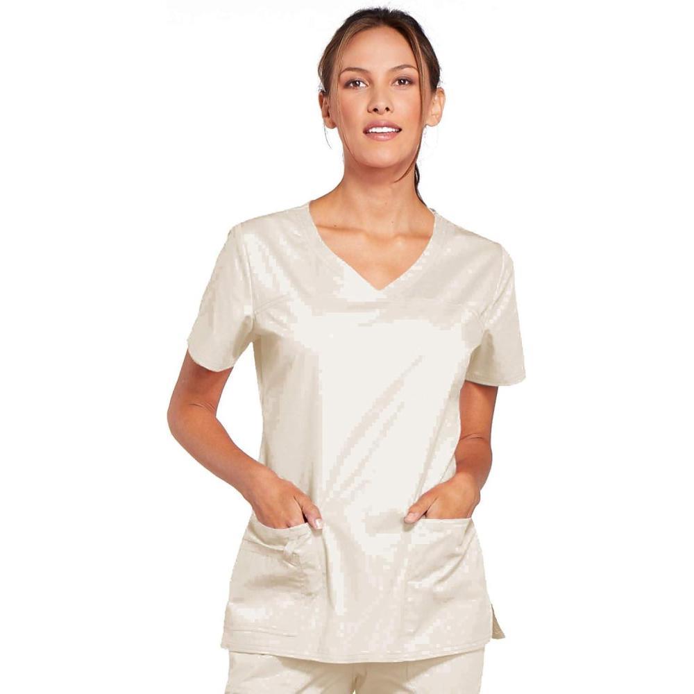imageCherokee Scrubs for Women VNeck Scrub Top with 3 Pockets Stretchy Durable Breathable Easy Care Medical Uniform 4727Khaki