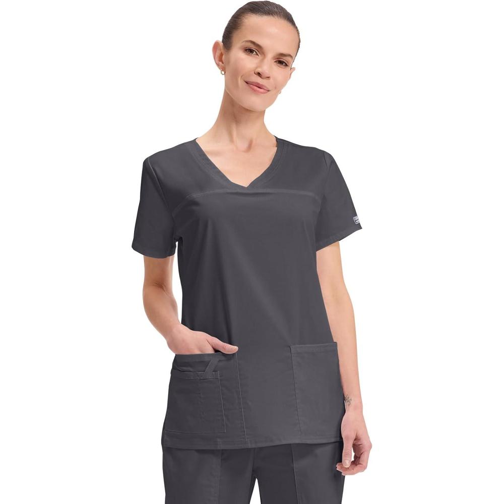 imageCherokee Scrubs for Women VNeck Scrub Top with 3 Pockets Stretchy Durable Breathable Easy Care Medical Uniform 4727Pewter