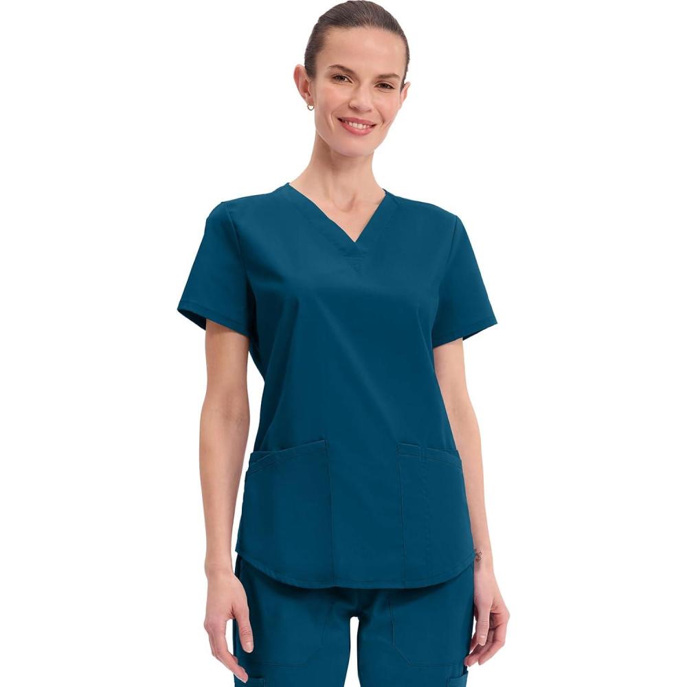 imageCherokee Scrubs for Women VNeck Top 3 Pockets Fade Resistant Soft Stretch Fabric with Shirttail Hem amp Side vents WW665Caribbean Blue