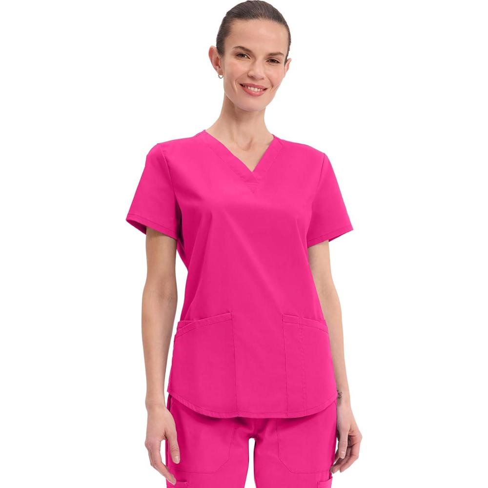 imageCherokee Scrubs for Women VNeck Top 3 Pockets Fade Resistant Soft Stretch Fabric with Shirttail Hem amp Side vents WW665Electric Pink