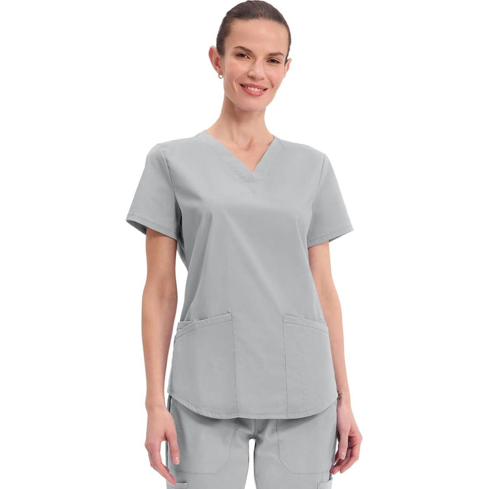 imageCherokee Scrubs for Women VNeck Top 3 Pockets Fade Resistant Soft Stretch Fabric with Shirttail Hem amp Side vents WW665Grey
