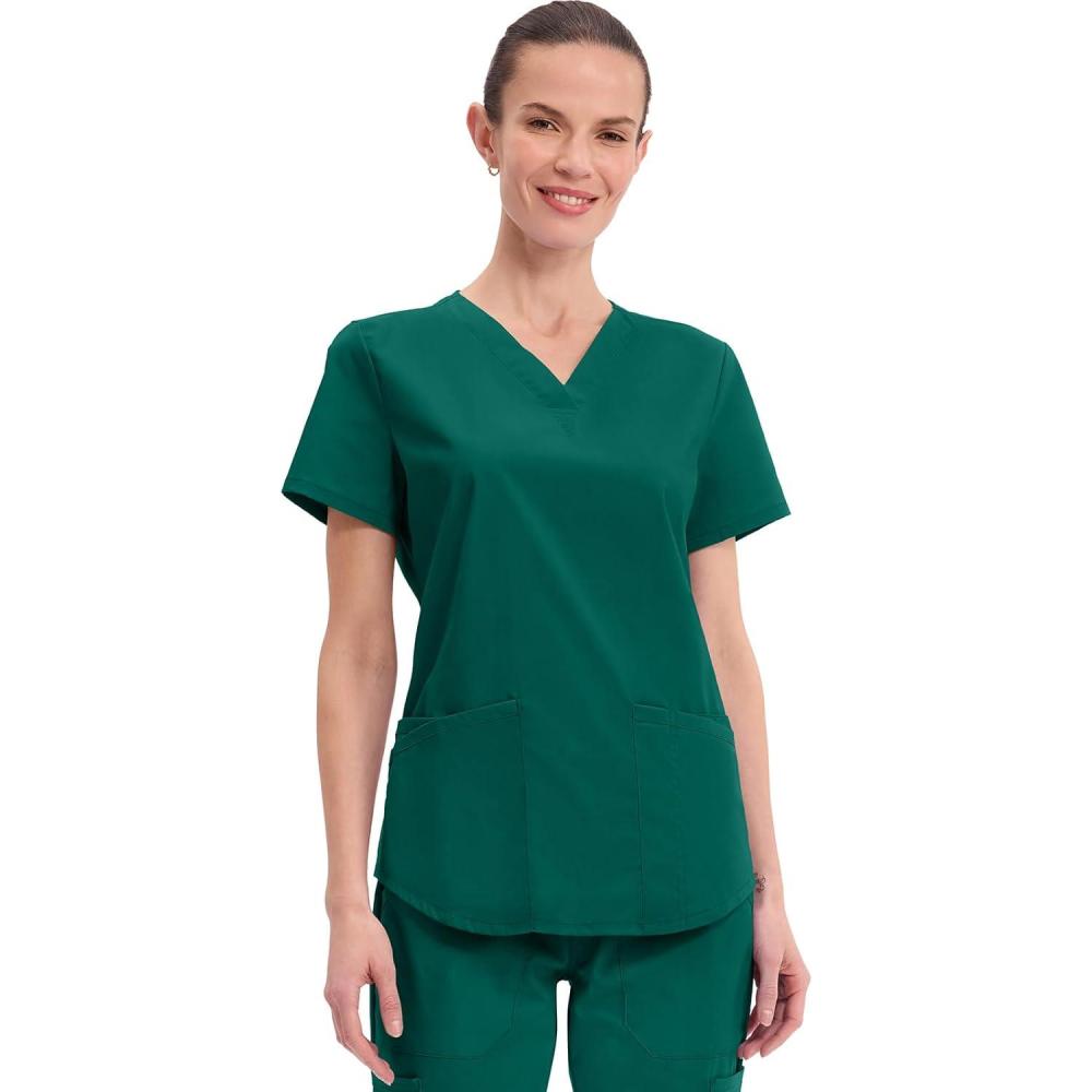 imageCherokee Scrubs for Women VNeck Top 3 Pockets Fade Resistant Soft Stretch Fabric with Shirttail Hem amp Side vents WW665Hunter Green