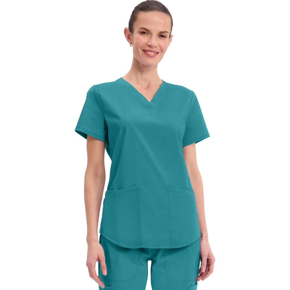 imageCherokee Scrubs for Women VNeck Top 3 Pockets Fade Resistant Soft Stretch Fabric with Shirttail Hem amp Side vents WW665Teal Blue