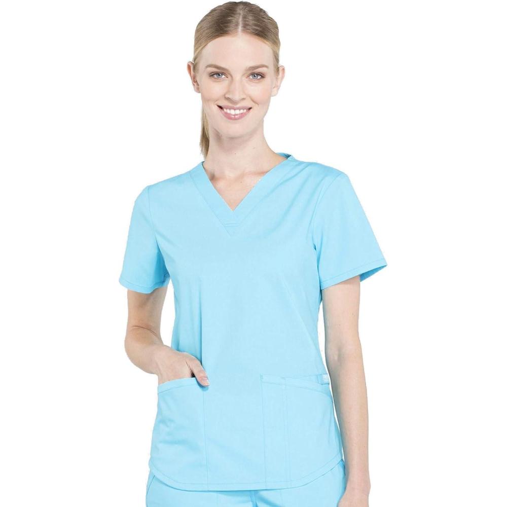 imageCherokee Scrubs for Women VNeck Top 3 Pockets Fade Resistant Soft Stretch Fabric with Shirttail Hem amp Side vents WW665Turquoise