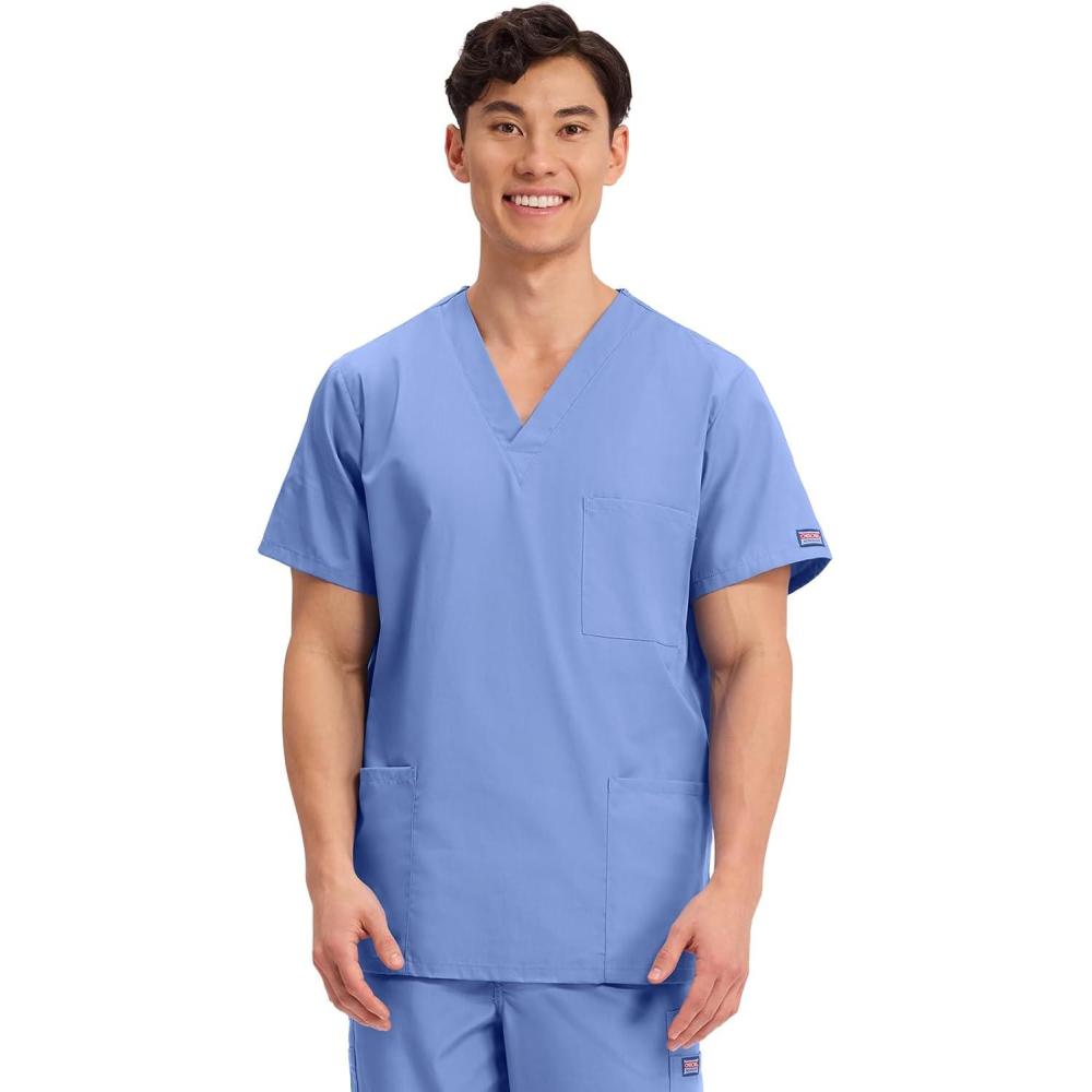 imageCherokee Scrubs for Women and Men Unisex VNeck Nursing Scrub Top with 3 Pockets Side Vents amp Easy Care Fabric 4876Ciel