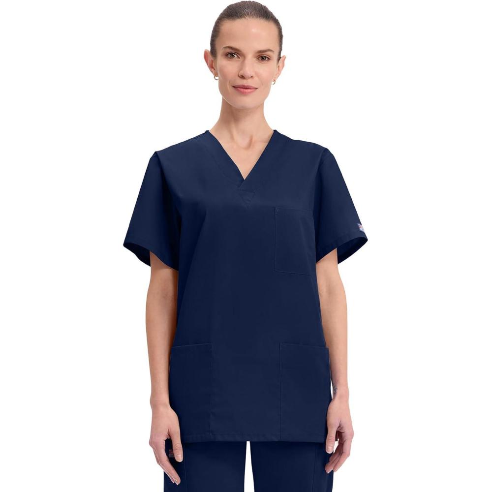 imageCherokee Scrubs for Women and Men Unisex VNeck Nursing Scrub Top with 3 Pockets Side Vents amp Easy Care Fabric 4876Navy