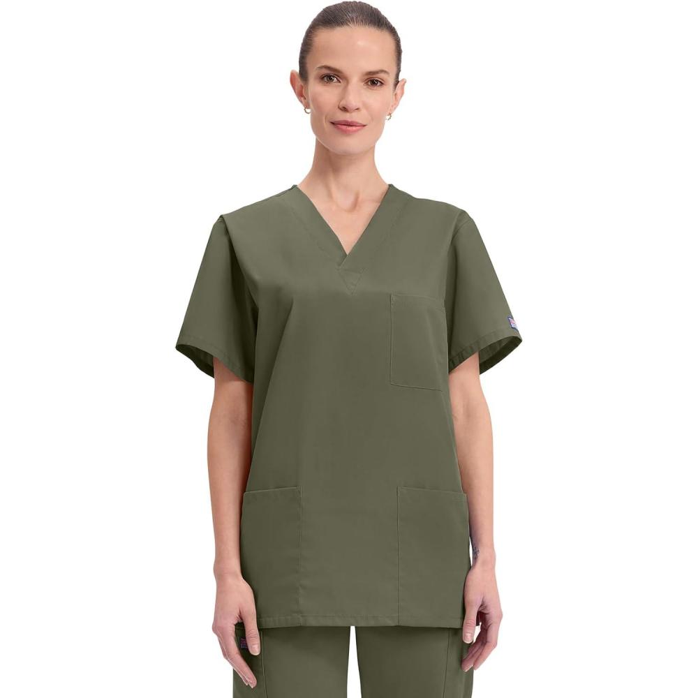 imageCherokee Scrubs for Women and Men Unisex VNeck Nursing Scrub Top with 3 Pockets Side Vents amp Easy Care Fabric 4876Olive