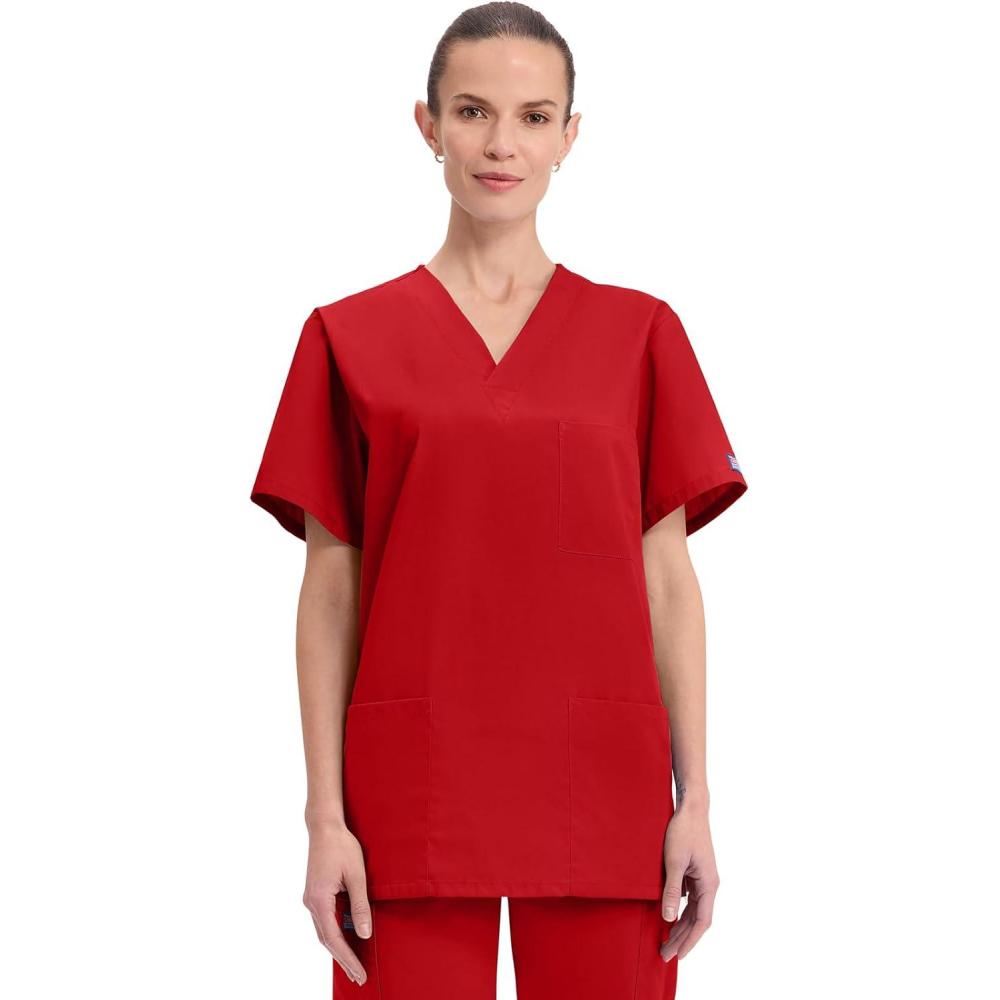 imageCherokee Scrubs for Women and Men Unisex VNeck Nursing Scrub Top with 3 Pockets Side Vents amp Easy Care Fabric 4876Red