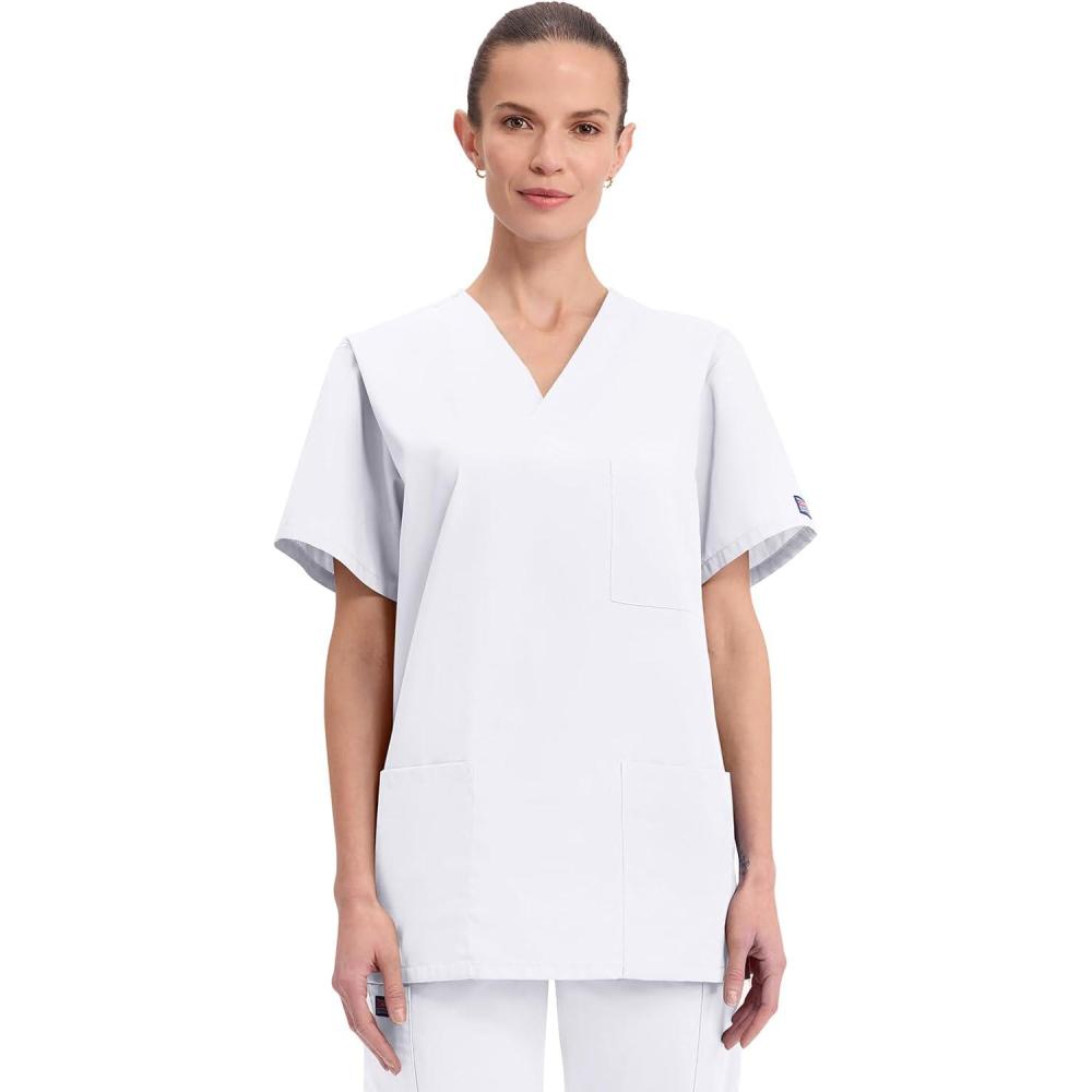 imageCherokee Scrubs for Women and Men Unisex VNeck Nursing Scrub Top with 3 Pockets Side Vents amp Easy Care Fabric 4876White