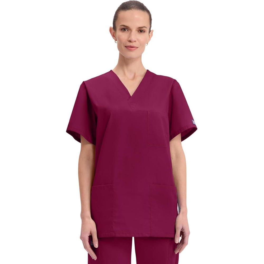 imageCherokee Scrubs for Women and Men Unisex VNeck Nursing Scrub Top with 3 Pockets Side Vents amp Easy Care Fabric 4876Wine