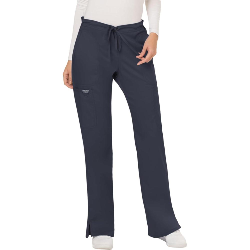imageCherokee Women Scrubs Pant Workwear Revolution Mid Rise Moderate Flare Drawstring WW120Pewter