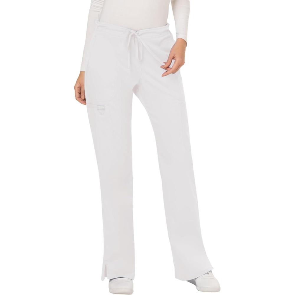 imageCherokee Women Scrubs Pant Workwear Revolution Mid Rise Moderate Flare Drawstring WW120White