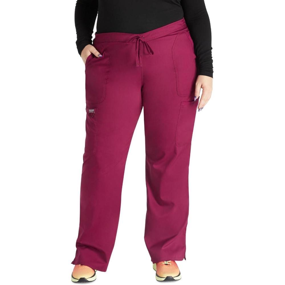 imageCherokee Women Scrubs Pant Workwear Revolution Mid Rise Moderate Flare Drawstring WW120Wine