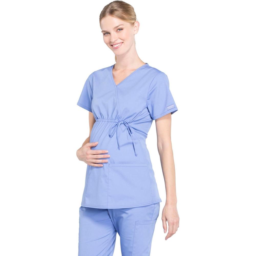 imageCherokee Womens Maternity Scrub Top with 3 Pockets Mock Wrap WW685Ciel Blue