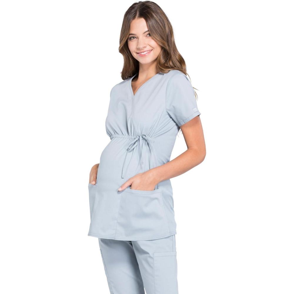 imageCherokee Womens Maternity Scrub Top with 3 Pockets Mock Wrap WW685Grey