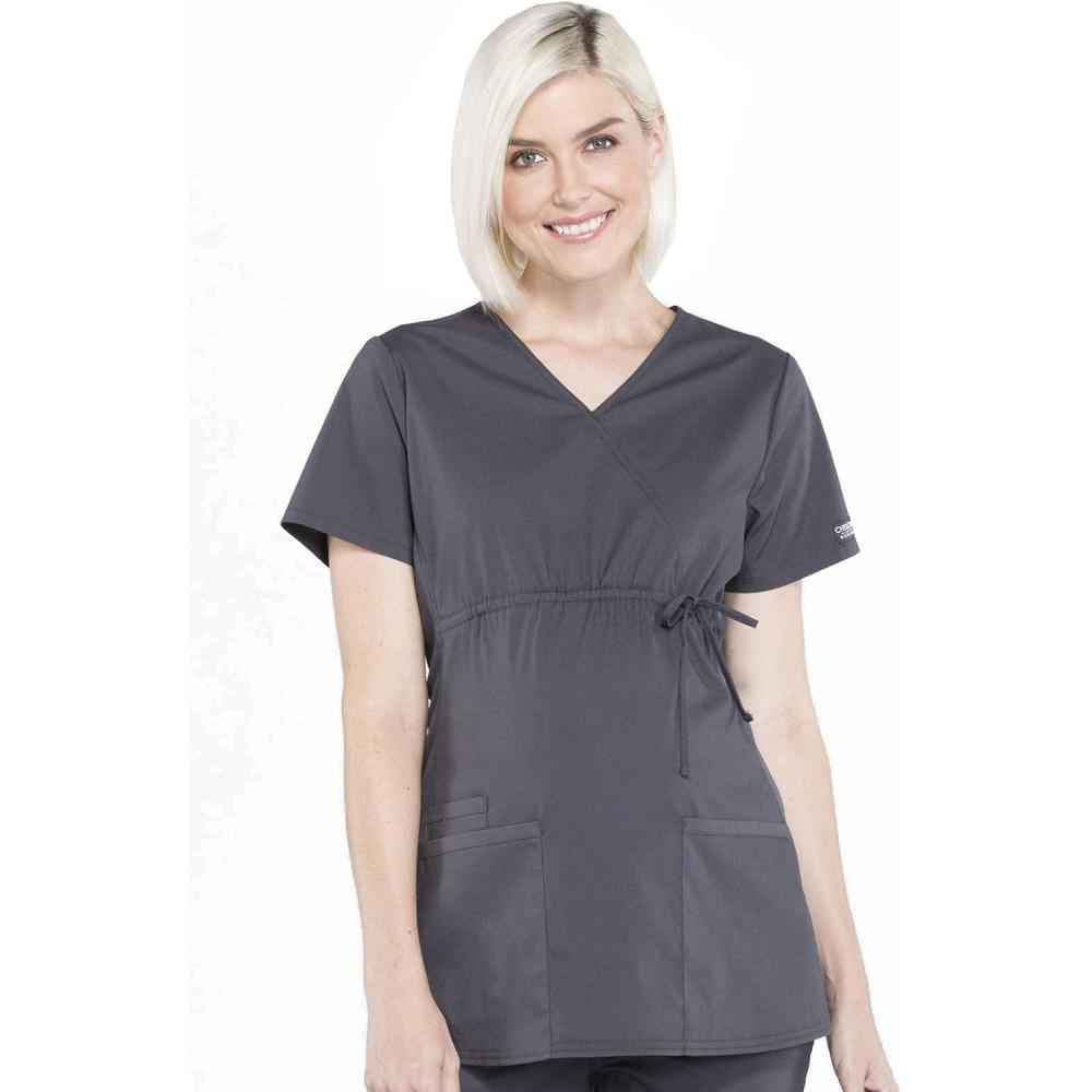 imageCherokee Womens Maternity Scrub Top with 3 Pockets Mock Wrap WW685Pewter