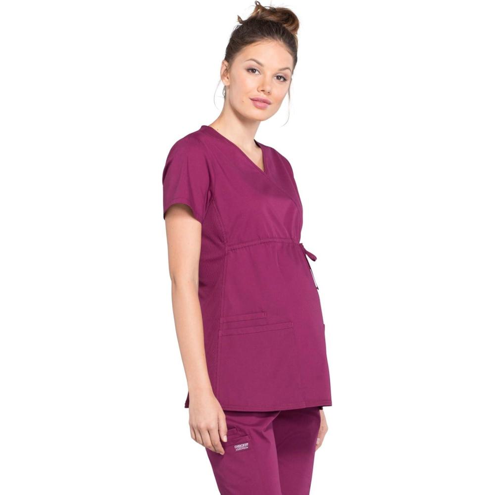 imageCherokee Womens Maternity Scrub Top with 3 Pockets Mock Wrap WW685Wine