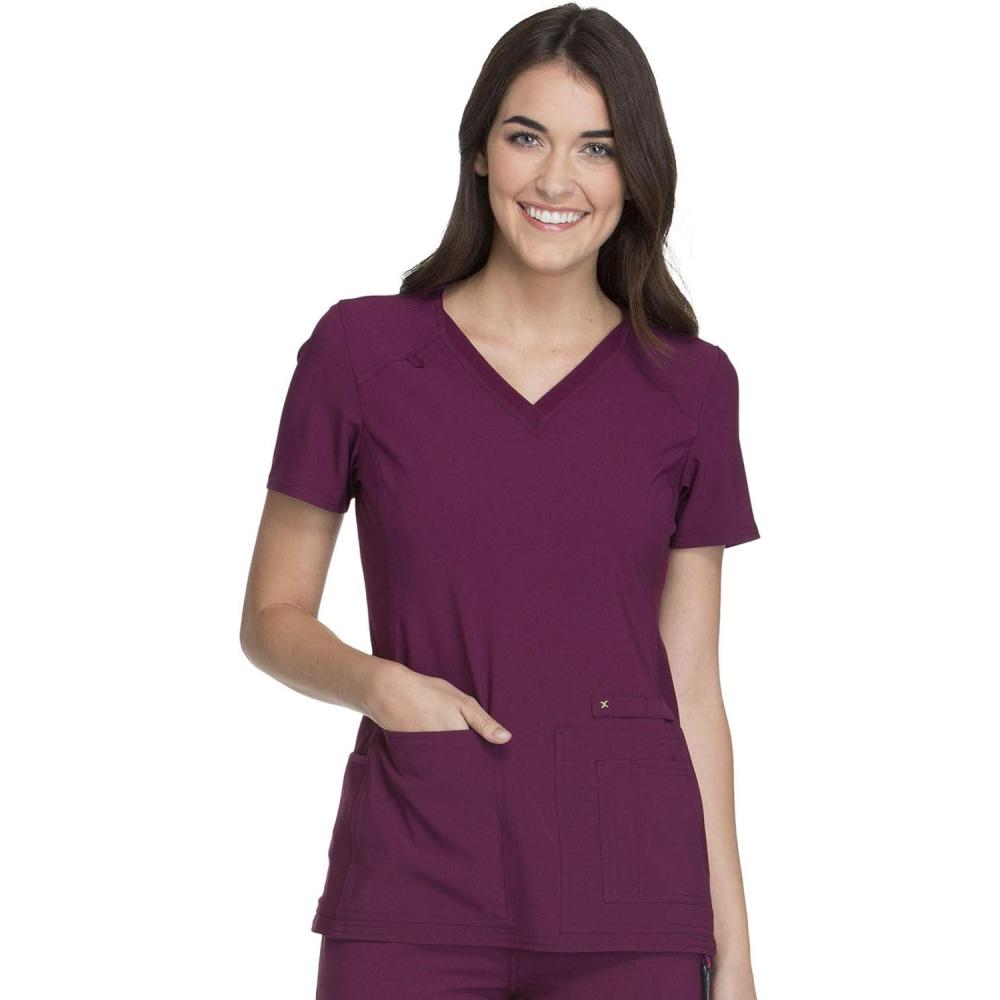 imageCherokee Womens Medical Scrub Top Iflex VNeck Knit Panel Top CK605Wine