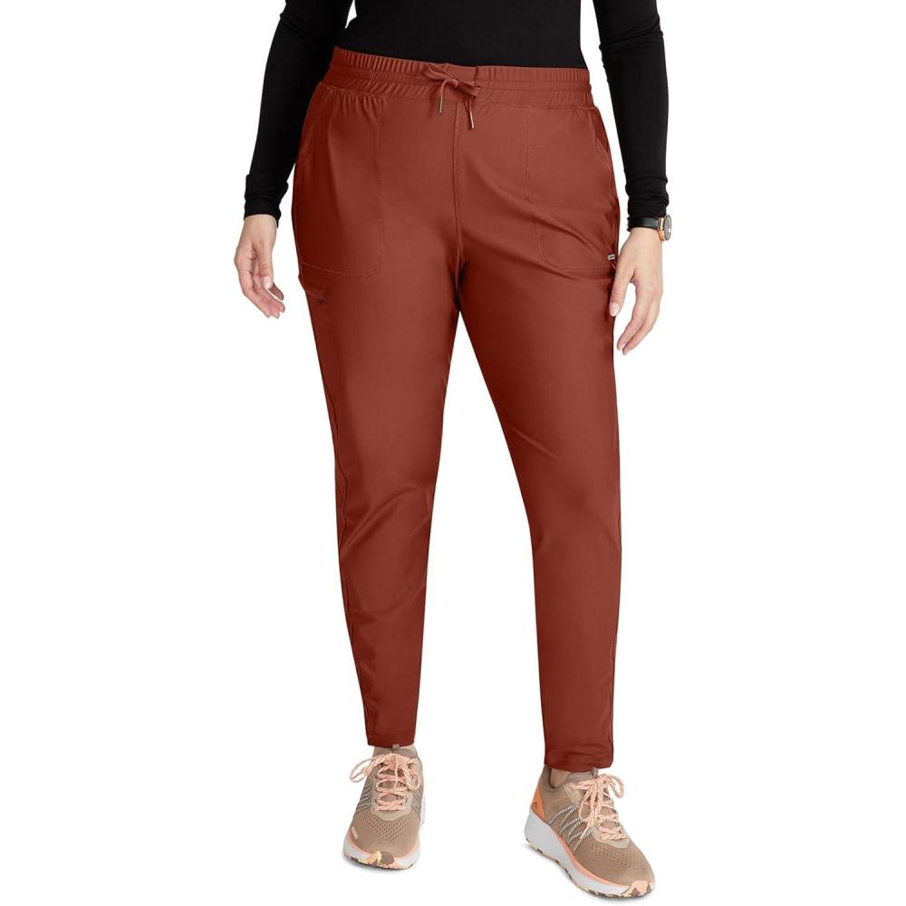imageCherokee Womens Mid Rise Tapered Leg Drawstring Scrub Pants 5 Pocket 360 Stretch Moisture Wicking Easy Care CK095Masala