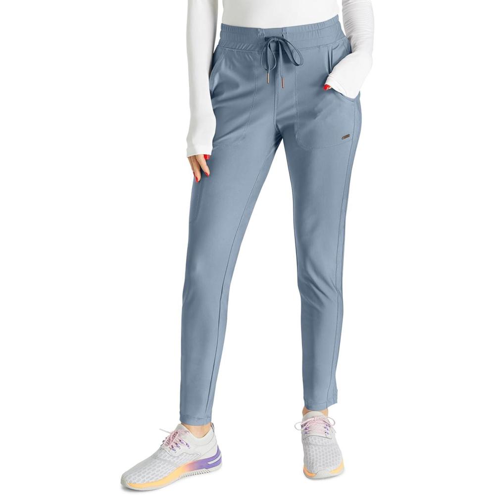 imageCherokee Womens Mid Rise Tapered Leg Drawstring Scrub Pants 5 Pocket 360 Stretch Moisture Wicking Easy Care CK095Ocean Ash