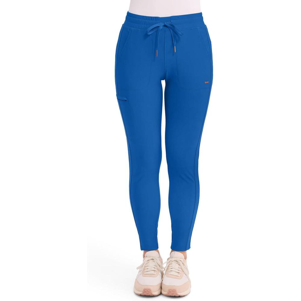 imageCherokee Womens Mid Rise Tapered Leg Drawstring Scrub Pants 5 Pocket 360 Stretch Moisture Wicking Easy Care CK095Royal
