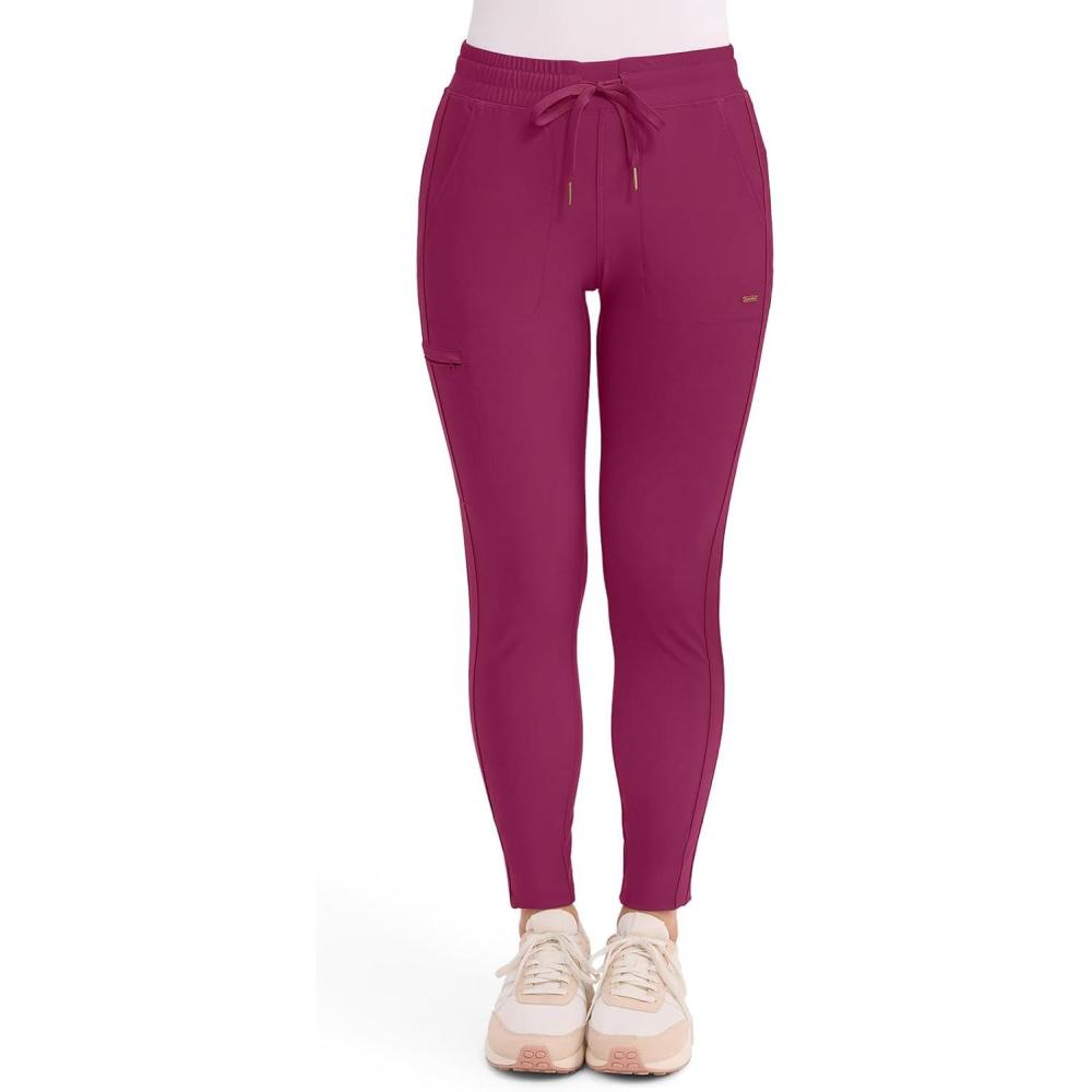 imageCherokee Womens Mid Rise Tapered Leg Drawstring Scrub Pants 5 Pocket 360 Stretch Moisture Wicking Easy Care CK095Wine
